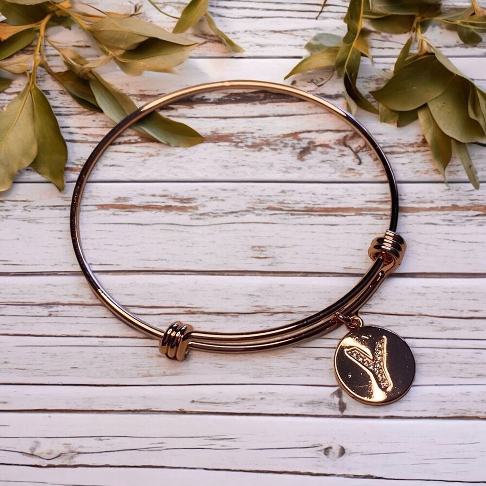 Rose Gold Plated & Cubic Zirconia Y Initial Disc Bracelet New